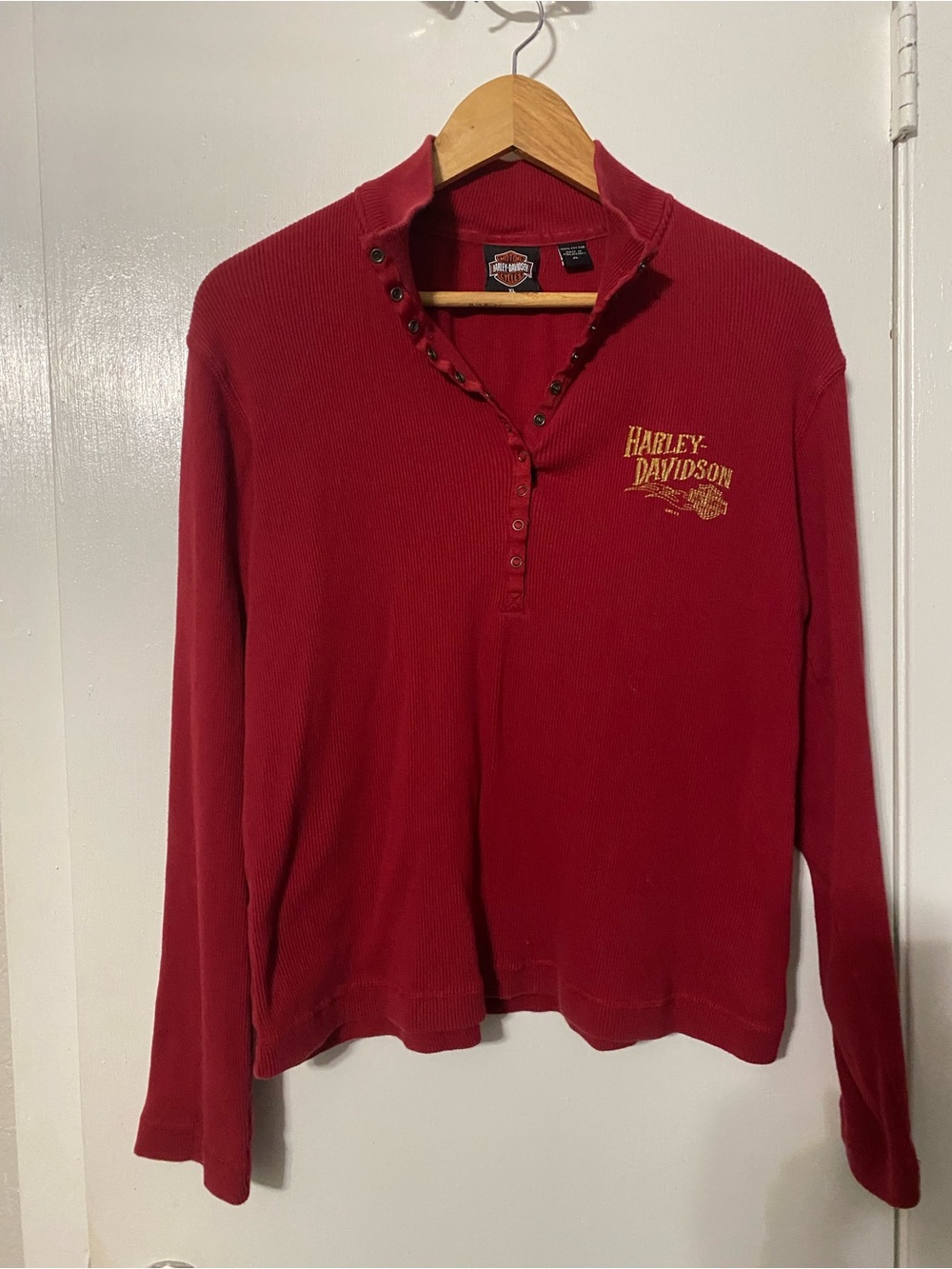 Harley-Davidson Red Ribbed Henley with Black & Gold Logo